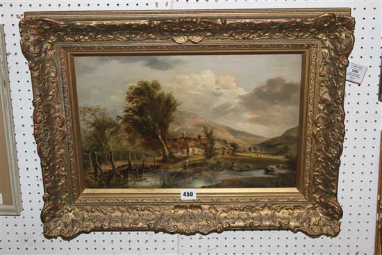 19th century English School Figures and cottages in a landscape, 12 x 18in,